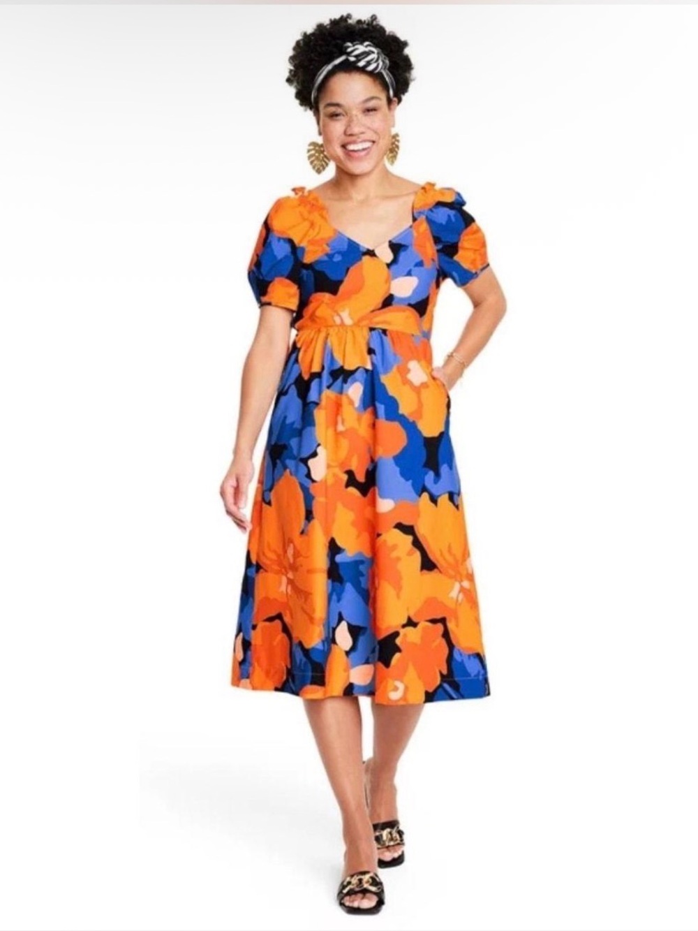 Bold Orange and Blue Floral Tie-Waist Midi Dress